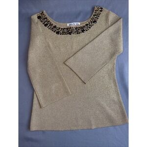 Sara‎ & Lily Women's Top Blouse Medium Gold Glitter Metallic Beaded Studded